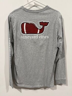 Vineyard Vines Heather Gray Long Sleeve Tee with Red Football Whale